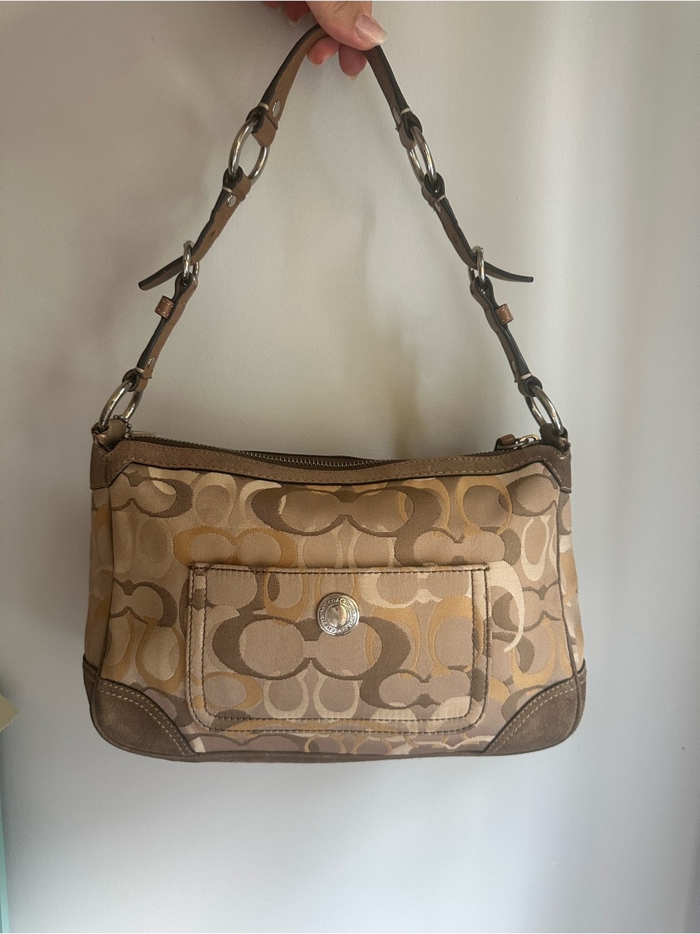Coach Shoulder Bag in Tan, Brown and Cream Signature Canvas